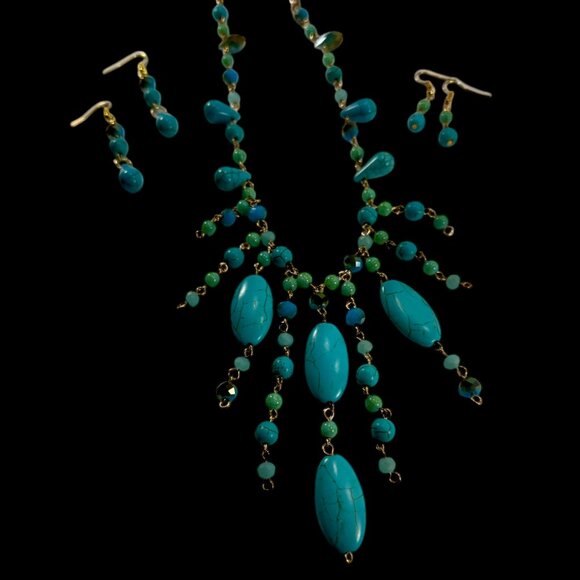 3pc Avante Jewelry Southwest Style Faux Turquoise Necklace Earrings Silvertone - Picture 2 of 4